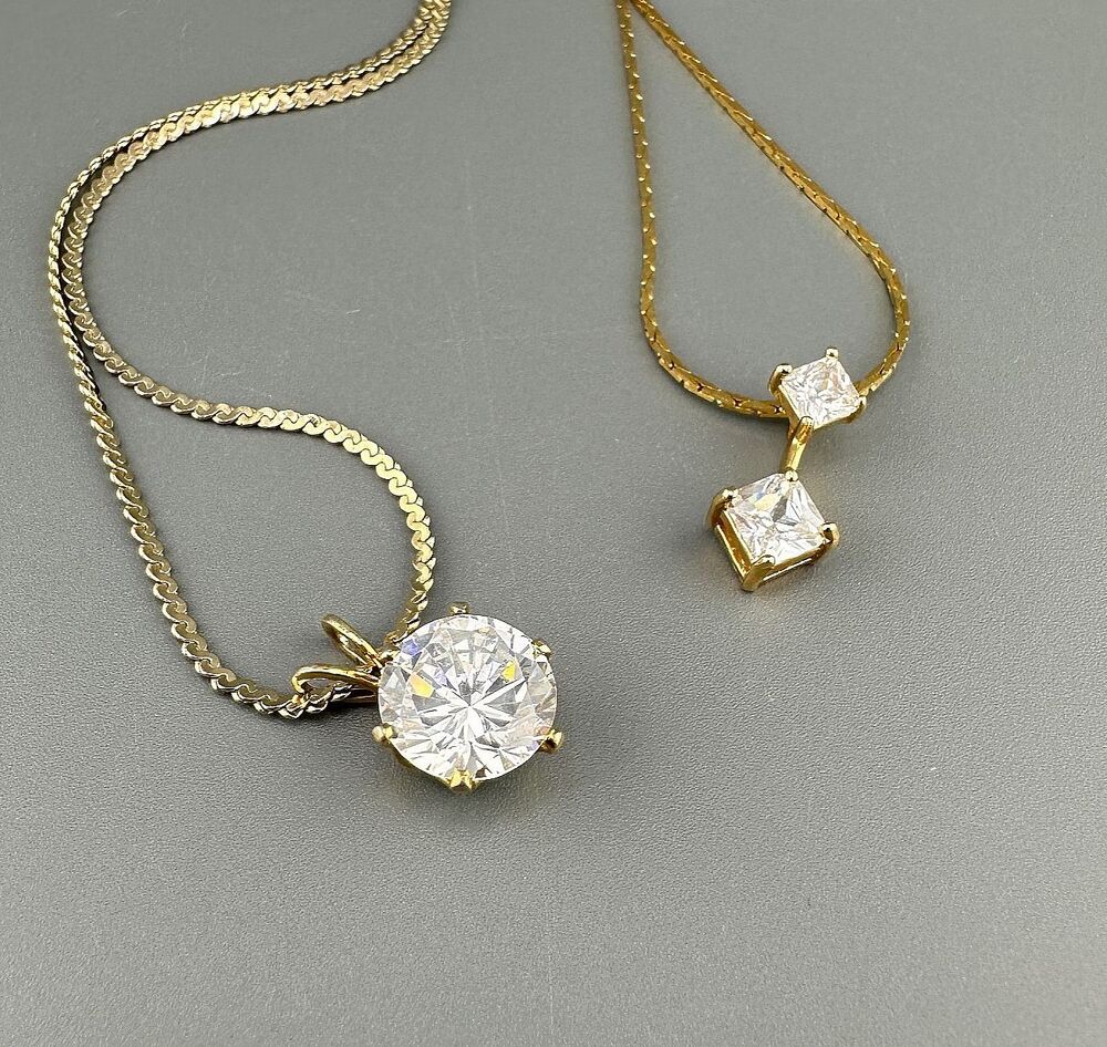 Vintage Crystal Pendant Necklace Lot of 2 Simulated Diamond Gold Tone Chain